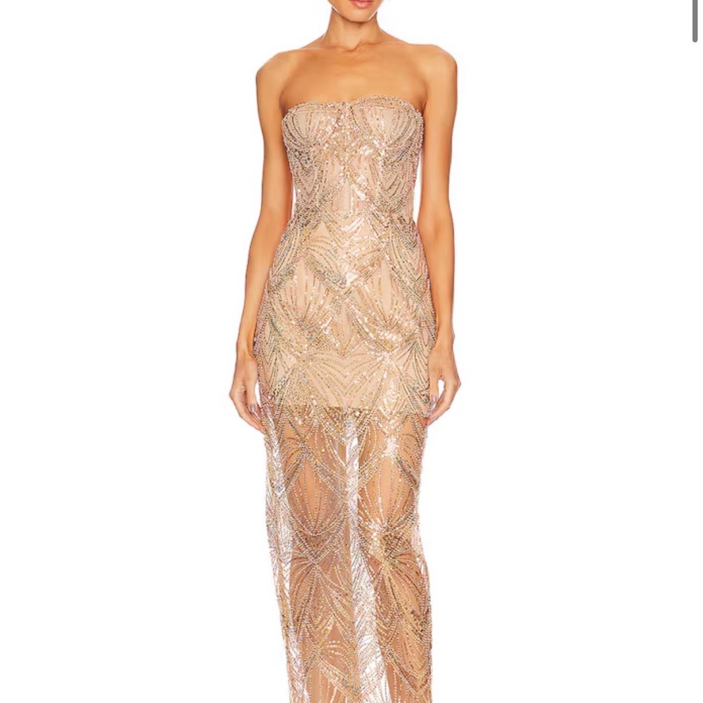 Bronx and Banco Nude Beaded Strapless Maxi Gown